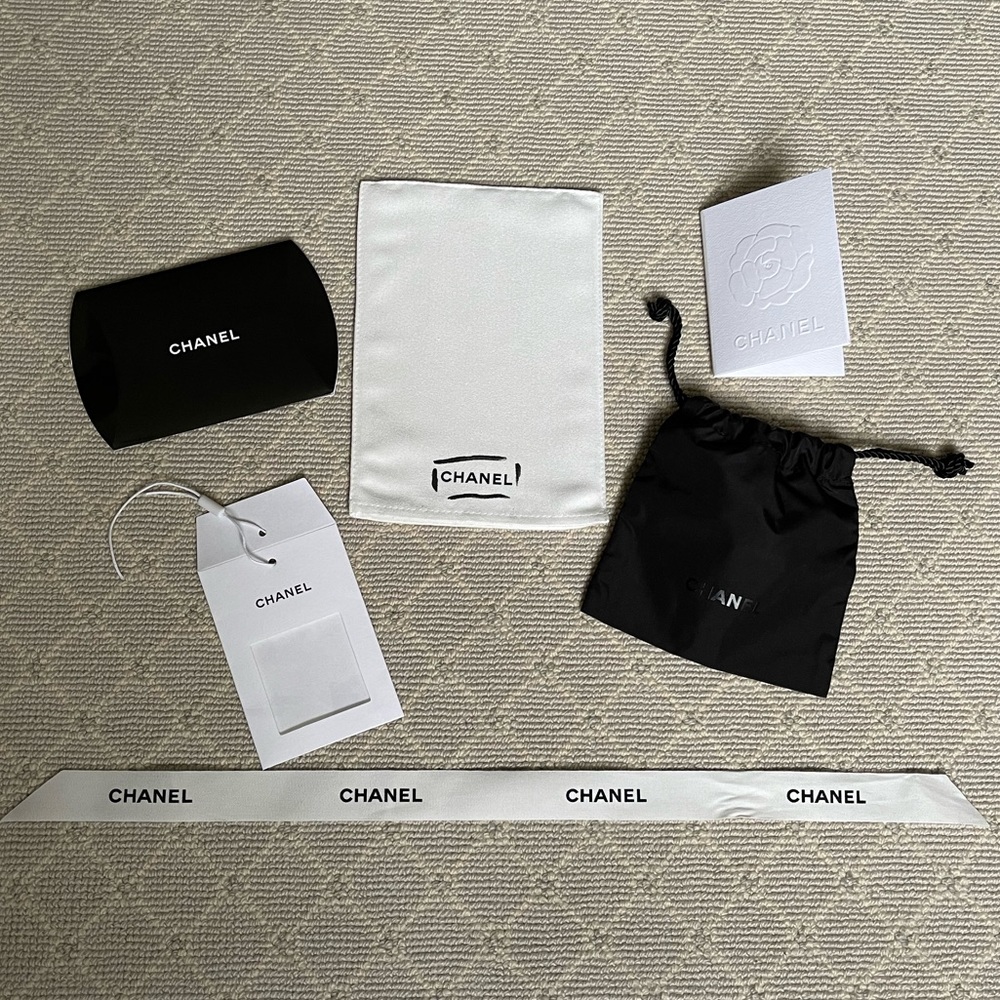 Authentic CHANEL Gift Package items - Dust Mitt, Ribbon, Pouch, Receipt Envelope
